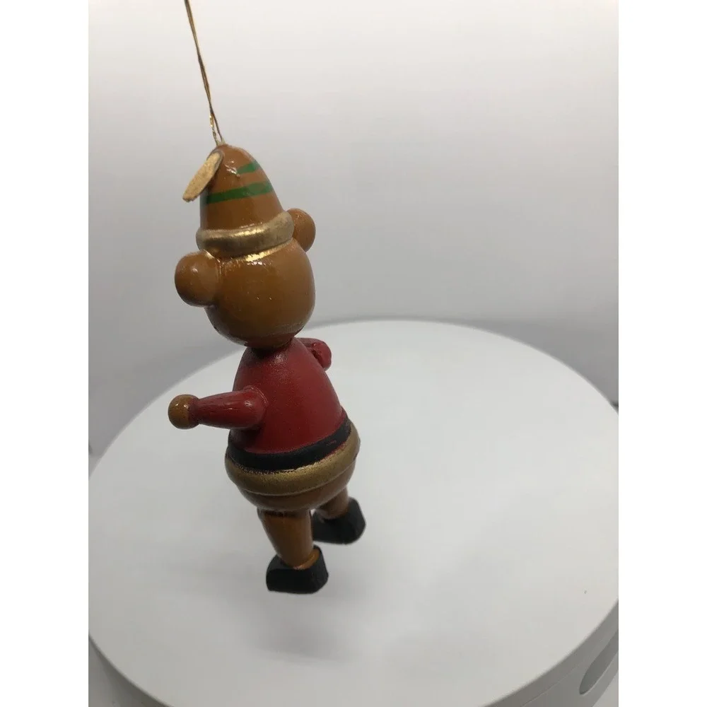 Vintage Christmas Wooden Teddy Bear Toy Ornament With‎ Horn Musical 4.25